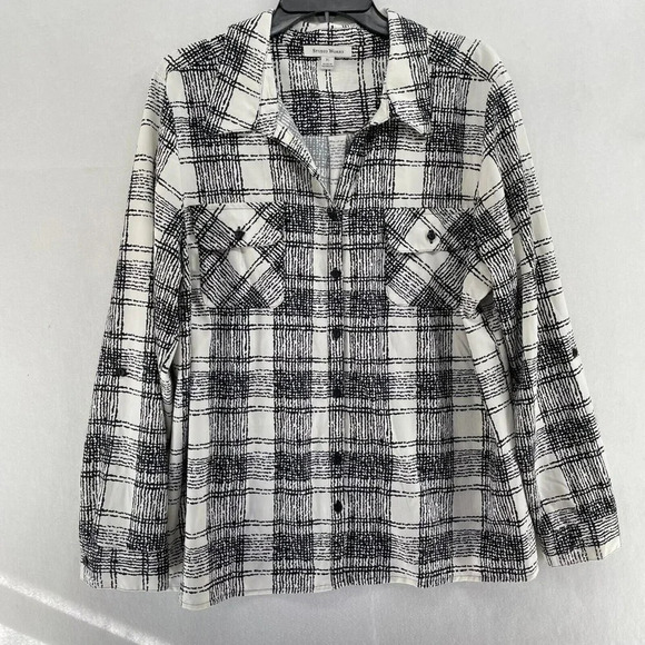 Studio Works Button-Up Shirt Women's Sz XL Black Plaid Roll Tab Sleeve Collared - Picture 1 of 9